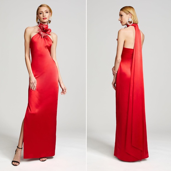 NEW | Halston | Yulia Flower Detail Halter Neck Satin Gown | Sz 10 - Picture 1 of 11